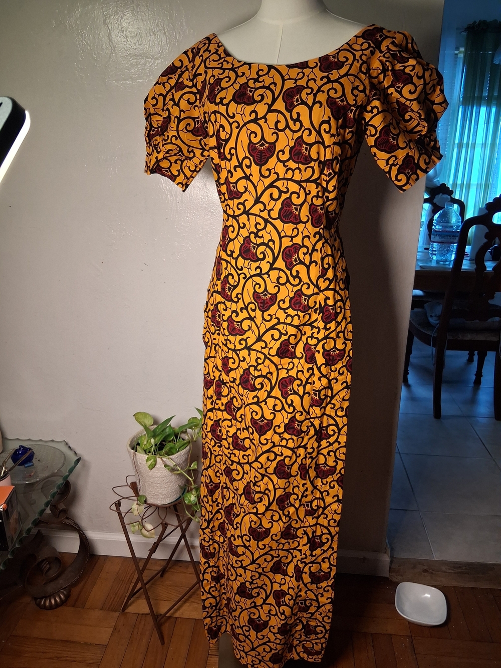 Yellow and Burgundy Floral Maxi Dress with Puff Sleeves